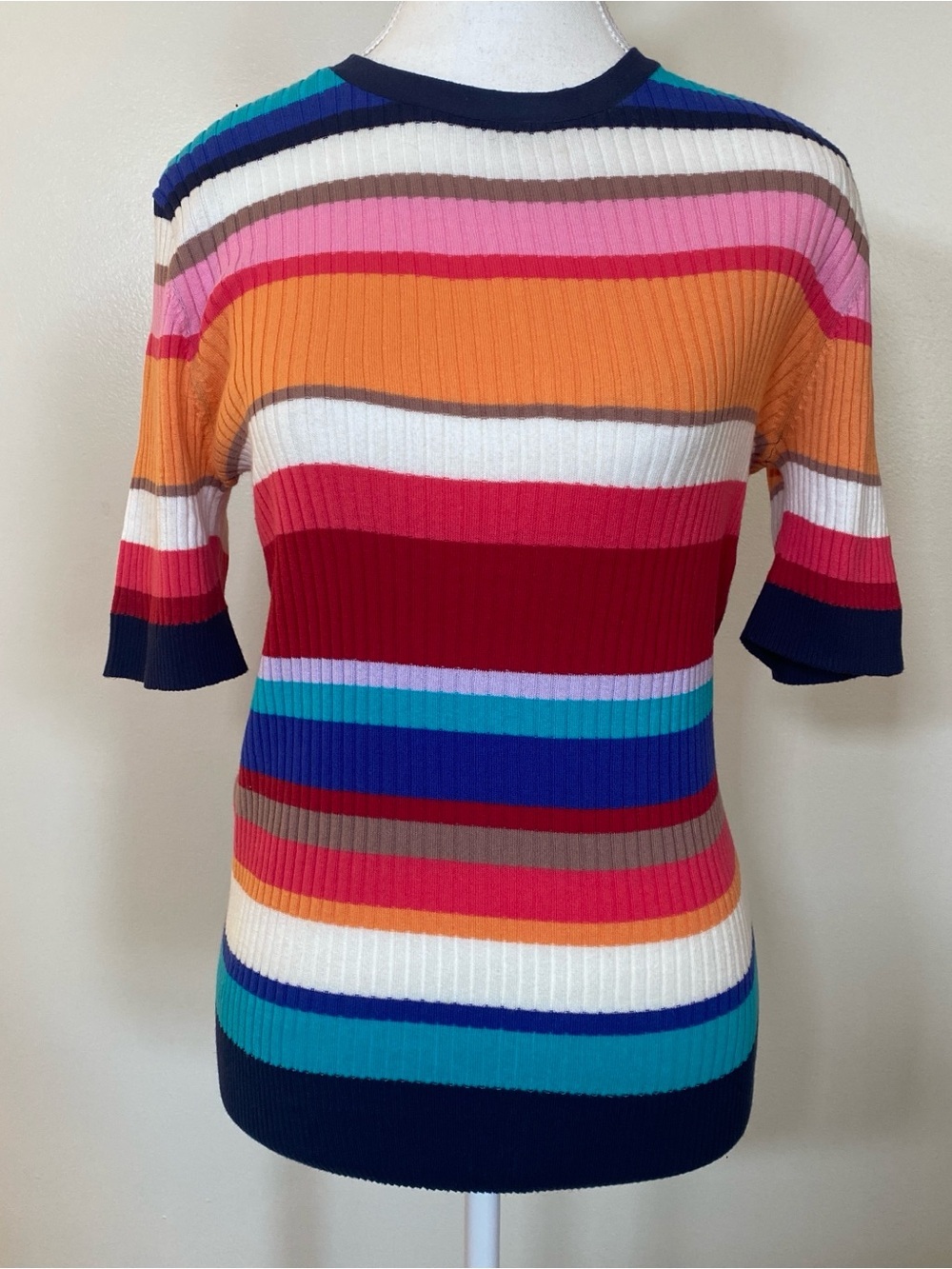 Trina Turk • Ribbed Rainbow Stripe Cotton Knit Top • Resort Style • Size M